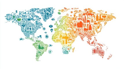Fototapeta premium A colorful world map made from various icons representing culture, technology, and nature, illustrating global diversity and connectivity.