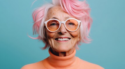 Woman with pink hair and orange glasses is smiling. She looks happy and confident. Concept of positivity and self-assurance