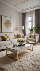 Fototapeta premium Elegant living room with golden details neutral sofa abstract art and a rug under the furniture and large windows Contemporary Interior Design Livingroom Inspiration