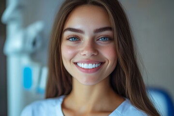 Fototapeta premium Woman with long brown hair and blue eyes is smiling. She is wearing a white shirt and a white lab coat