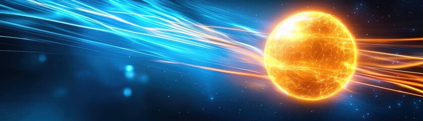 Obraz premium A vibrant, glowing sun emits rays of light against a dynamic blue backdrop, creating a sense of energy and movement in a cosmic setting.