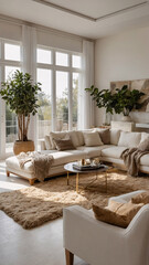 Luxurious modern living space with neutral color couch golden details large windows and abstract artwork Contemporary Interior Design Livingroom Inspiration