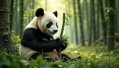 Fototapeta premium Adorable giant panda sitting and eating bamboo in serene bamboo forest, lush greenery, wildlife moment, copy space 