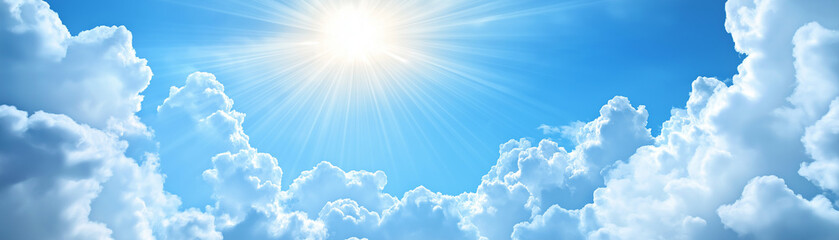 panoramic view in the sky with sun shining from above the clouds in the sky as a motivation concept