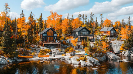 Fototapeta premium Autumnal Lakeside Cabins, Aerial View, Fall Foliage, Canadian Wilderness, Vacation Rental.