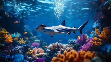 Fototapeta premium A hammerhead shark glides underwater over a coral reef surrounded by colorful fish and bright coral