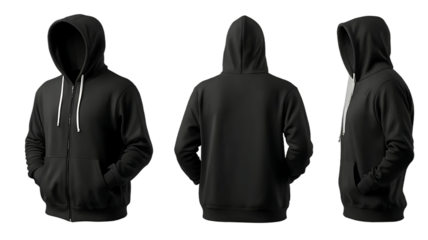 a set of differant angle blank black hoodie with hood mockup from front back side views Perfect for print branding and customization
