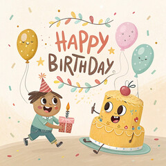 Fototapeta premium Boy giving gift to cake, birthday party, confetti background, card design