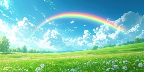 Vibrant landscape with a rainbow over a lush green meadow