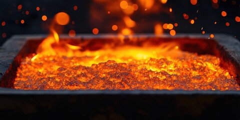 Glowing molten metal in a foundry with sparks flying