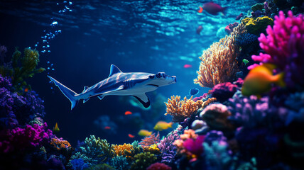A hammerhead shark glides underwater over a coral reef surrounded by colorful fish and bright coral