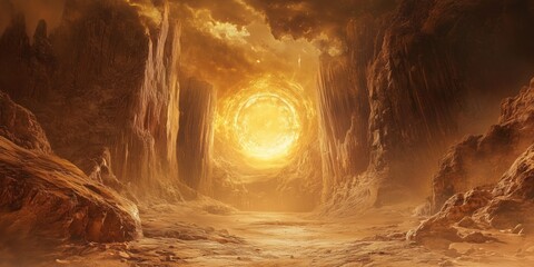 Epic desert landscape with a glowing sun portal