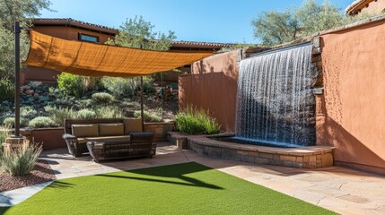 A peaceful garden featuring a solar-powered waterfall next to a shaded seating area.