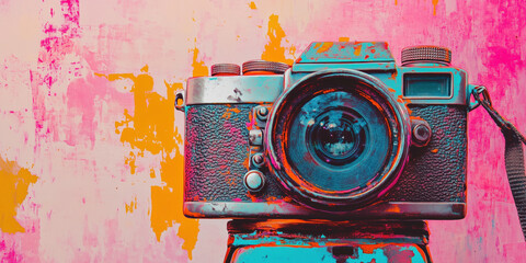 Vintage camera against vibrant abstract background