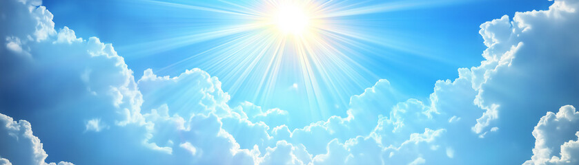 panoramic view above the sky with sun shining from above the clouds in the sky as a motivation concept