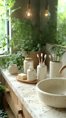 A zero waste bathroom setup with eco-friendly products, focusing on sustainability and waste reduction in daily routines.