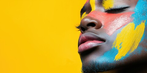Artistic portrait with vibrant face paint against yellow background