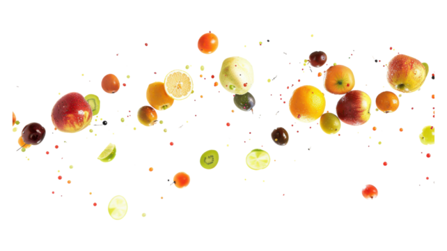Vibrant fruits exploding in a colorful splash of freshness transparent background