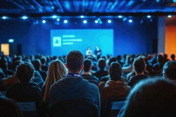Engaged Audience at a Business Conference with Presenters on Stage in a Well-Lit Venue
