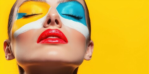Artistic portrait with vibrant face paint against yellow background