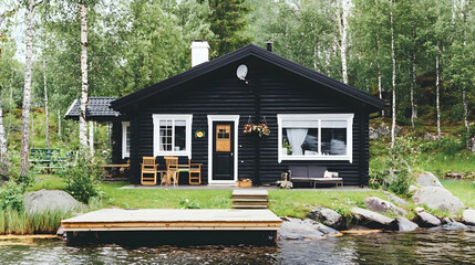 Obraz premium Lakeside black cabin summer vacation rental forest dock.