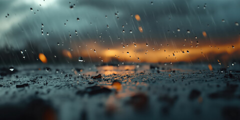 Raindrops glistening on a wet surface at sunset