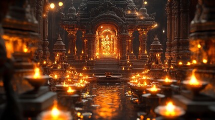 Obraz premium Illuminated Temple Pathway Golden Deity and Diyas in a Sacred Sanctuary