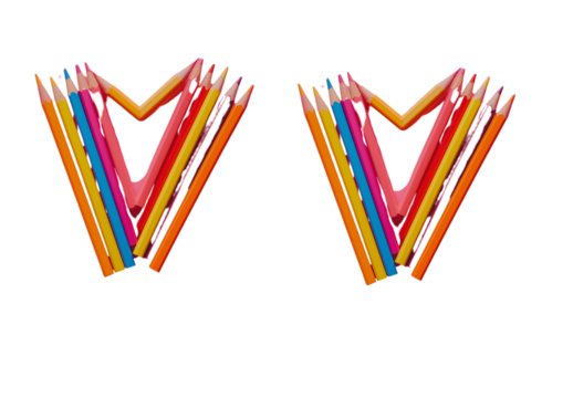 Colorful pencils arranged in the shape of an open heart on a pink background