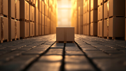 A solitary pallet box in a warehouse aisle, surrounded by stacks of similar boxes, bathed in golden light, symbolizing organized logistics, shipping, and storage efficiency in an industrial setting.