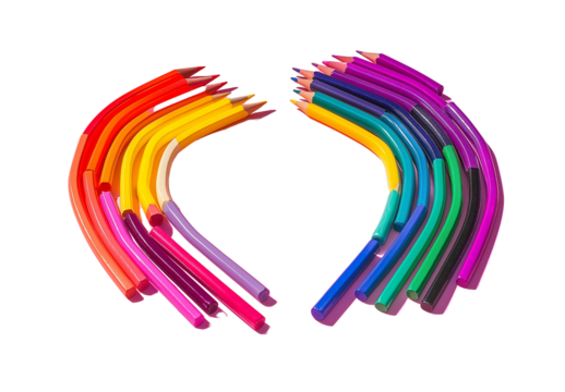 Colorful pencils arranged in the shape of an open heart on a pink background
