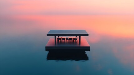 Naklejka premium calm sunset lakeside dining pavilion - minimalist design