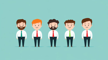 Fototapeta premium Cartoon artwork depicting five smiling business characters with diverse hairstyles and ties, standing on a clear light blue background.