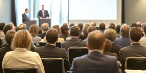 Audience Watching Presenters at Business Conference in Modern Meeting Room with Professional Attire and Engaged Expressions