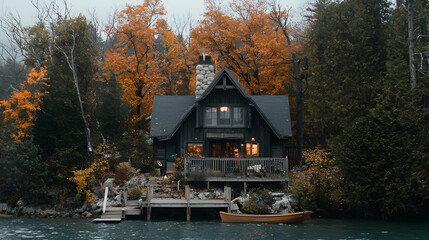 Obraz premium Autumnal lakefront cabin, illuminated windows, boat, fall foliage backdrop; cozy retreat advertisement.