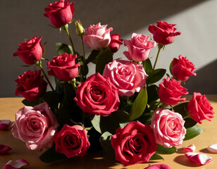 Obraz premium Romantic Red Pink Roses Bouquet Sunlit Arrangement Floral Display