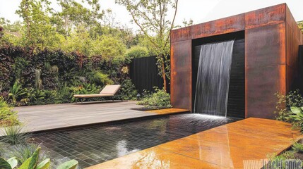 A solar-powered waterfall with sustainable design elements in a nature-inspired garden.