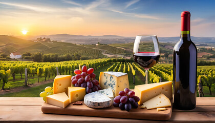 Glass of red wine with assorted cheeses and grapes on a wooden board with a scenic vineyard at sunset in the background. National cheese and wine day.