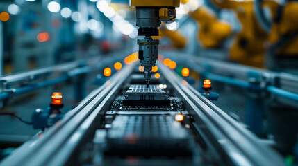 Automated battery production process in ev factory industrial setting close-up view of robotics