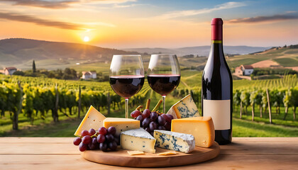 Glass of red wine with assorted cheeses and grapes on a wooden board with a scenic vineyard at sunset in the background. National cheese and wine day.