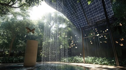 A solar-powered waterfall with wildlife-friendly features attracting birds and butterflies.