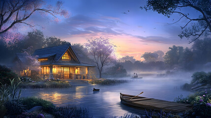 Fototapeta premium Serene wooden cabin by misty lake at dawn, tranquil morning scene.