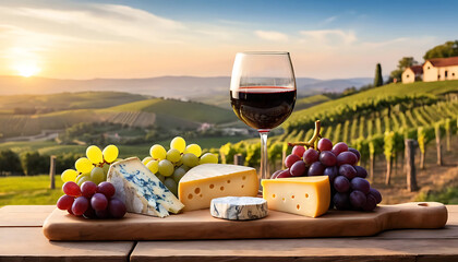 Glass of red wine with assorted cheeses and grapes on a wooden board with a scenic vineyard at sunset in the background. National cheese and wine day.