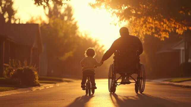 Man in wheelchair helping child with bike riding golden sunset lighting the suburban street