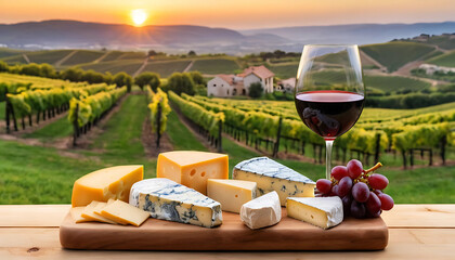 Glass of red wine with assorted cheeses and grapes on a wooden board with a scenic vineyard at sunset in the background. National cheese and wine day.