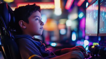 Fototapeta premium Teenage boy with muscular dystrophy playing esports in a bright gaming arena focused on his game