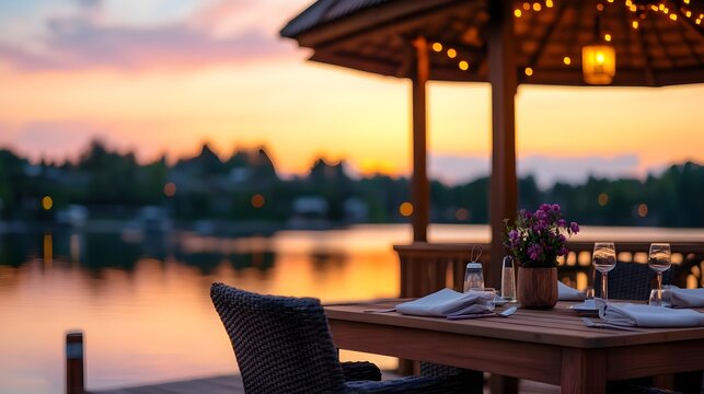 romantic lakeside sunset dinner date - golden hour photography