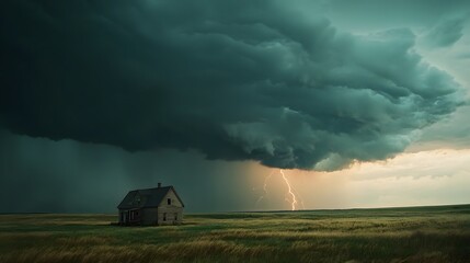 A stormy daytime sky, with dark, ominous clouds and a single lightning bolt captured in breathtaking detail.