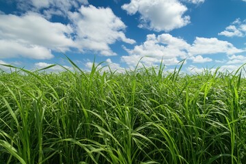 Fototapeta premium Lush green grass field, sunny sky, clouds, nature, background