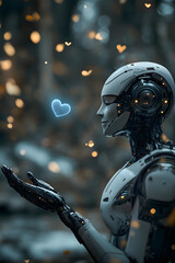 Fototapeta premium Futuristic robot holding digital heart representing love and artificial intelligence