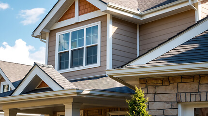 Exterior View of Two-Story Houses with Gray Roofing and Taupe Siding